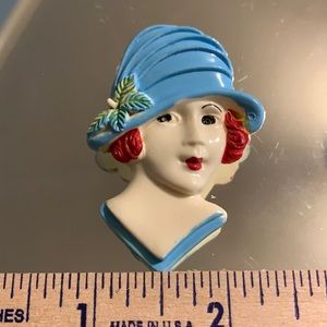 Vintage Brooch Lady in Blue Hat